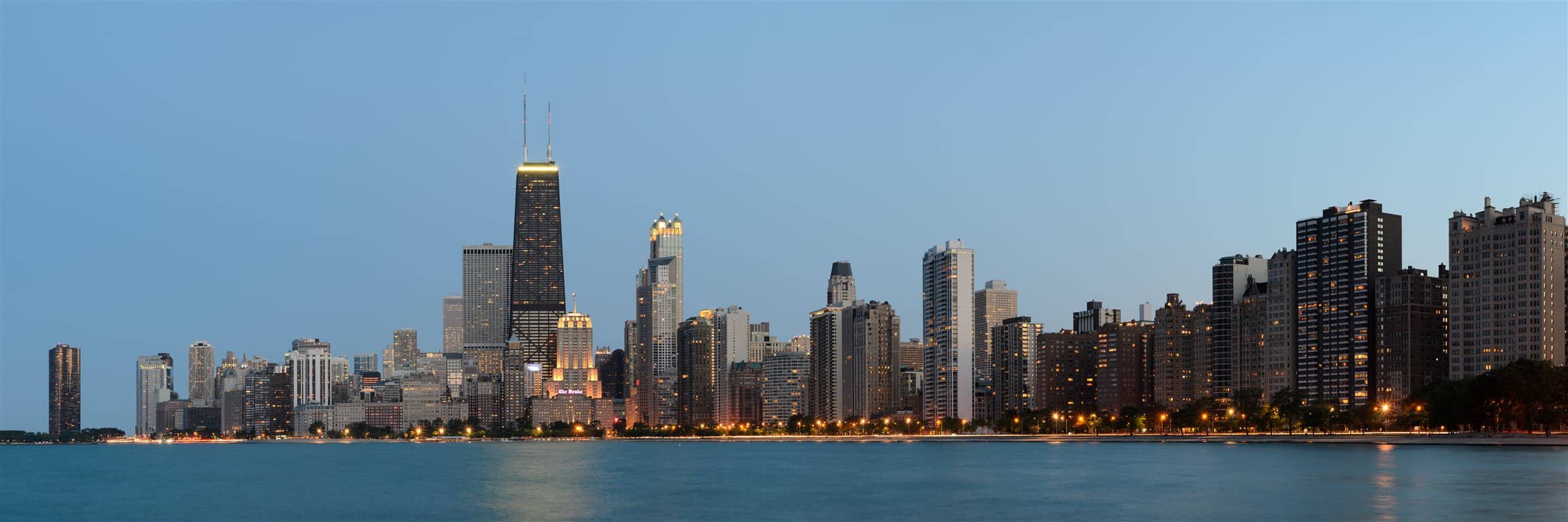 Chicago skyline from North Avenue Beach at dusk