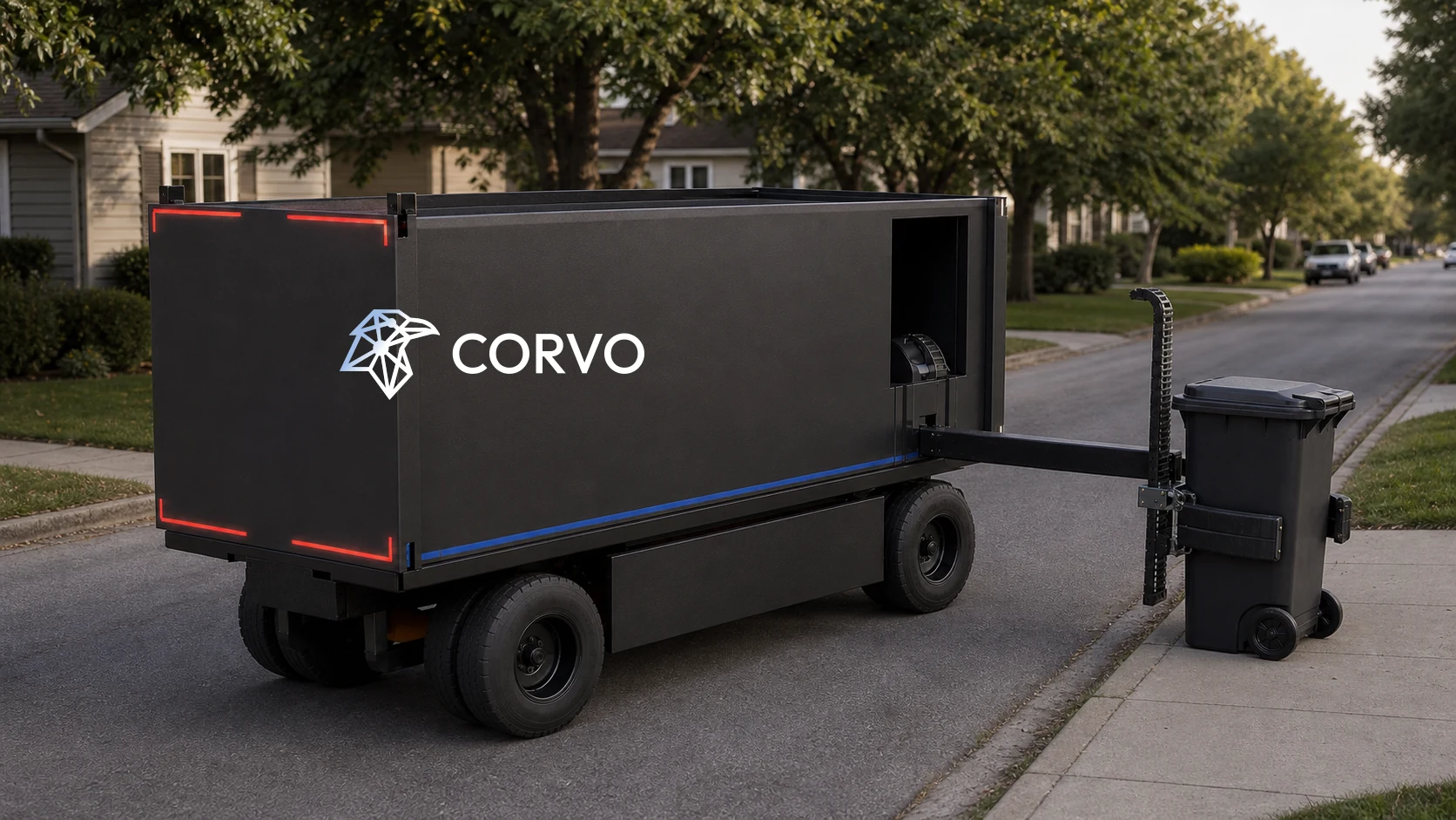 Concept image of the Corvo vehicle aligned with a curbside refuse cart
