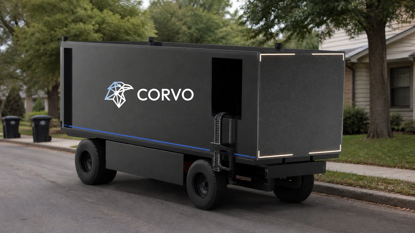 Concept image of Corvo's full-size cabless refuse vehicle on a residential street