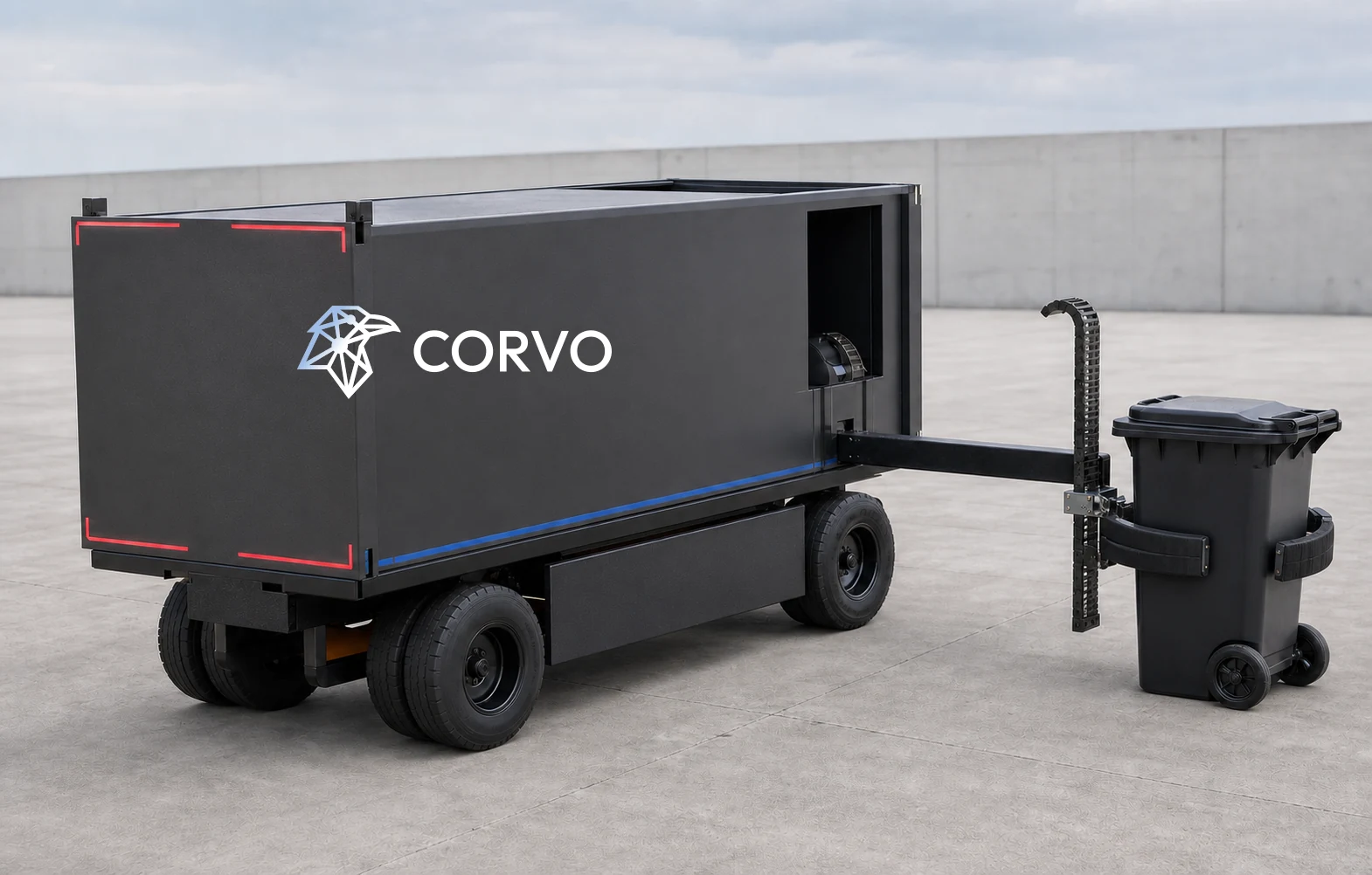 Concept image showing Corvo's curb-side reach mechanism gripping a refuse cart